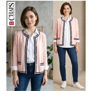 CHAPS - 100% cotton pink button up cardigan with navy striped trim detail